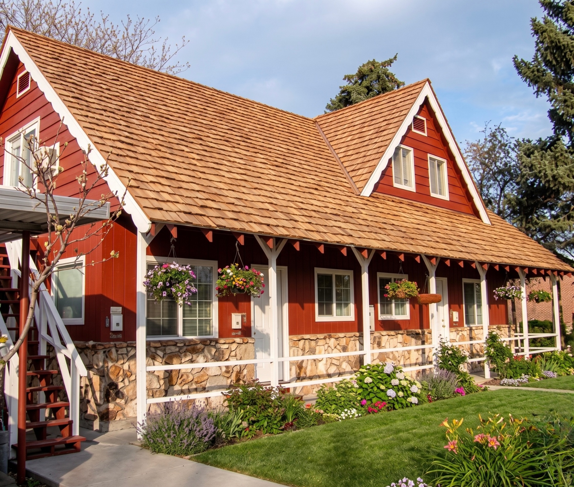 Rising Sun Caldwell red home with cedar-shingle roof
