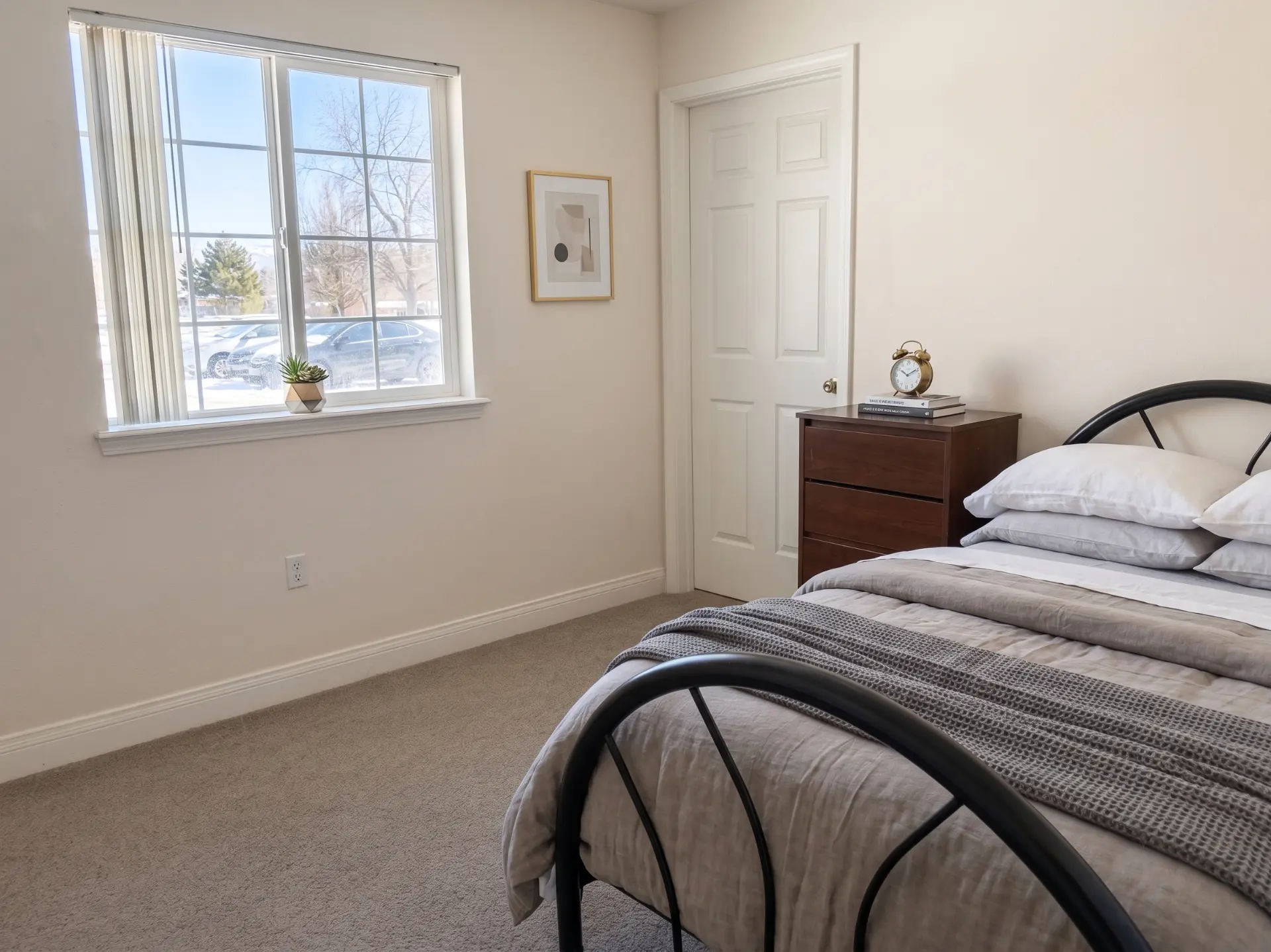 Private bedroom with a bed frame, dresser, carpeting, and a bright street-facing window