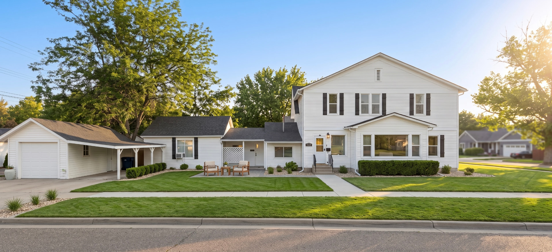 Rising Sun Nampa street view of white sober living homes with manicured lawns