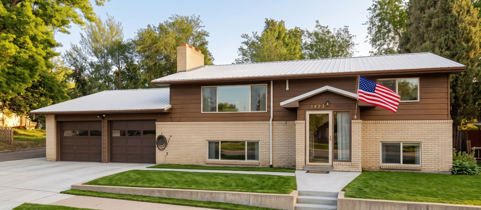 Rising Sun Pocatello split-level brown home with American flag